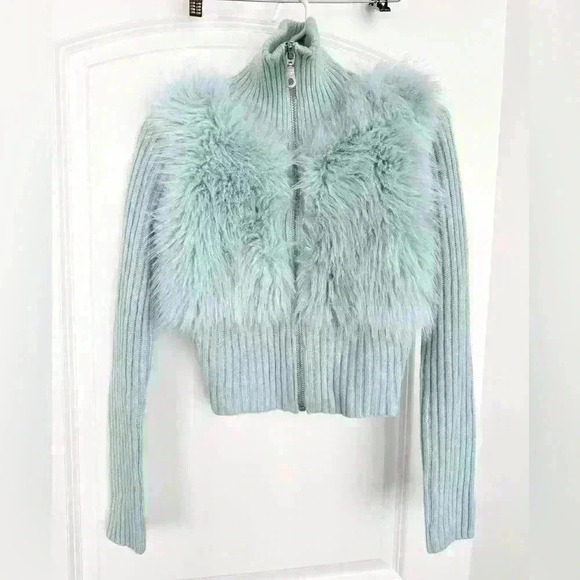 The Ragged Priest Faux Fur Y2K Baby Blue Cardigan Sweater - Picture 2 of 6